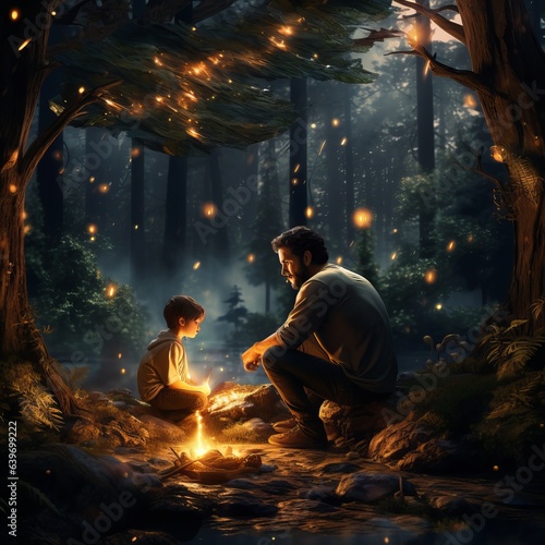 Father and son camping in the middle of the forest