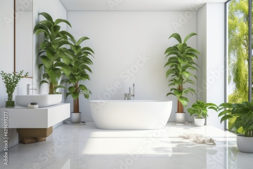 Interior design of modern white bathroom with tiled marble flooring and greenery in house