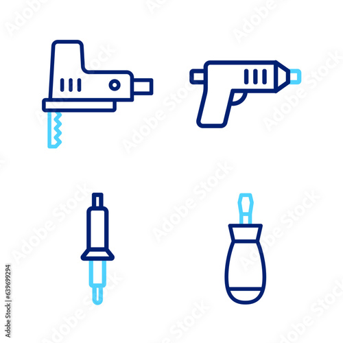 Set line Screwdriver, Soldering iron, Electric cordless screwdriver and jigsaw icon. Vector