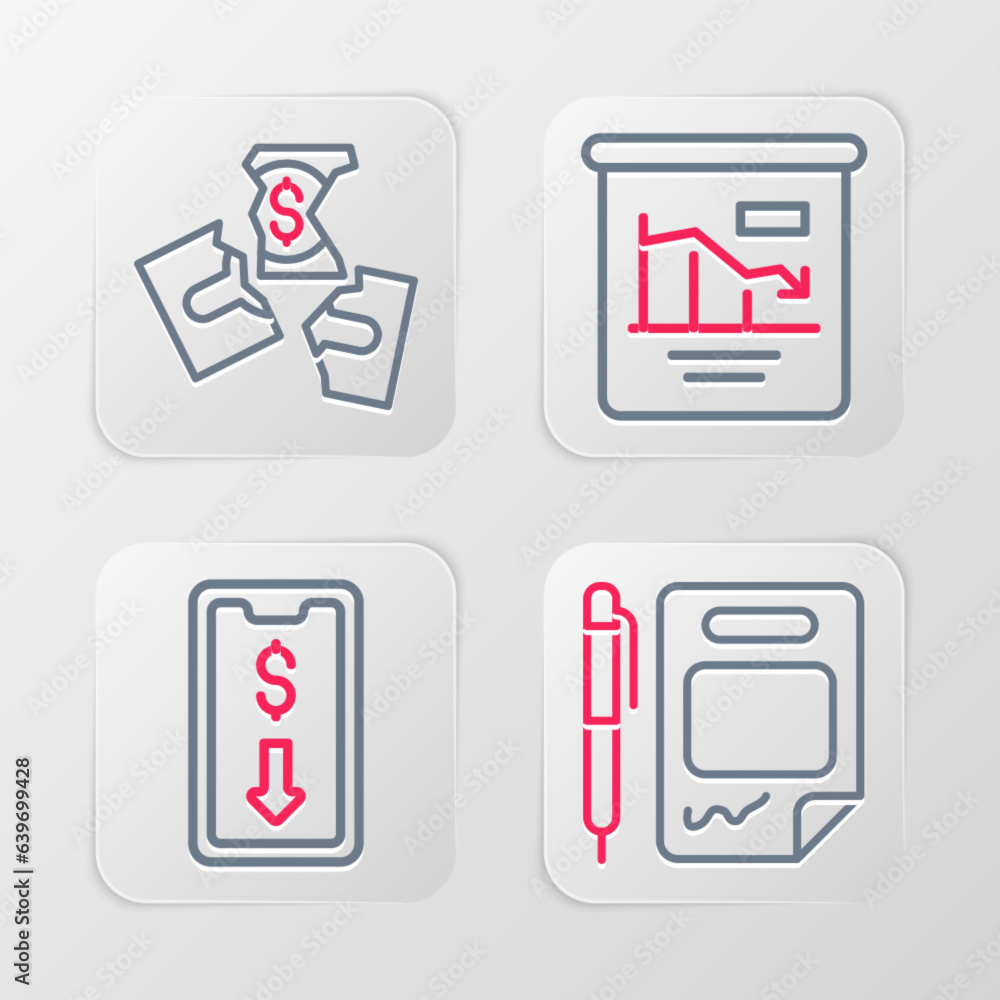 Set line Contract money and pen, Mobile stock trading, Pie chart infographic and Tearing banknote icon. Vector Set line Contract money and pen, Mobile stock trading, Pie chart infographic and Tearing banknote icon. Vector