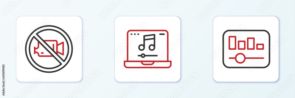 Set line Music equalizer, Prohibition no video recording and Laptop with music icon. Vector Set line Music equalizer, Prohibition no video recording and Laptop with music icon. Vector