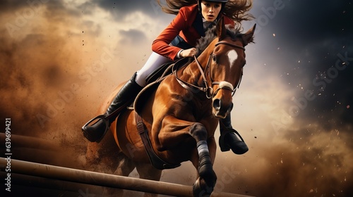 Full-length photograph of a young woman riding a horse and clearing a hurdle