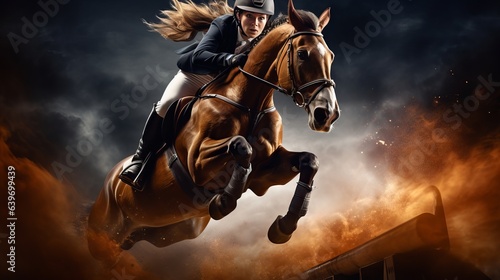 Full-length photograph of a young woman riding a horse and clearing a hurdle