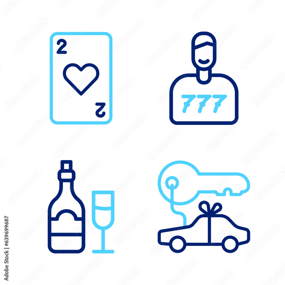 Set line Car gift, Champagne bottle with glass, Lucky player and Playing card heart icon. Vector