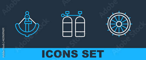 Set line Ship steering wheel, Anchor and Aqualung icon. Vector