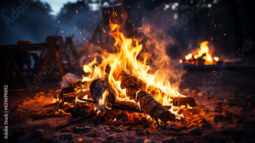 Bonfire with red-hot coals. A bright fire, the process of burning a pile of wood, with fire and sparks. On a dark background. Generative AI technology.