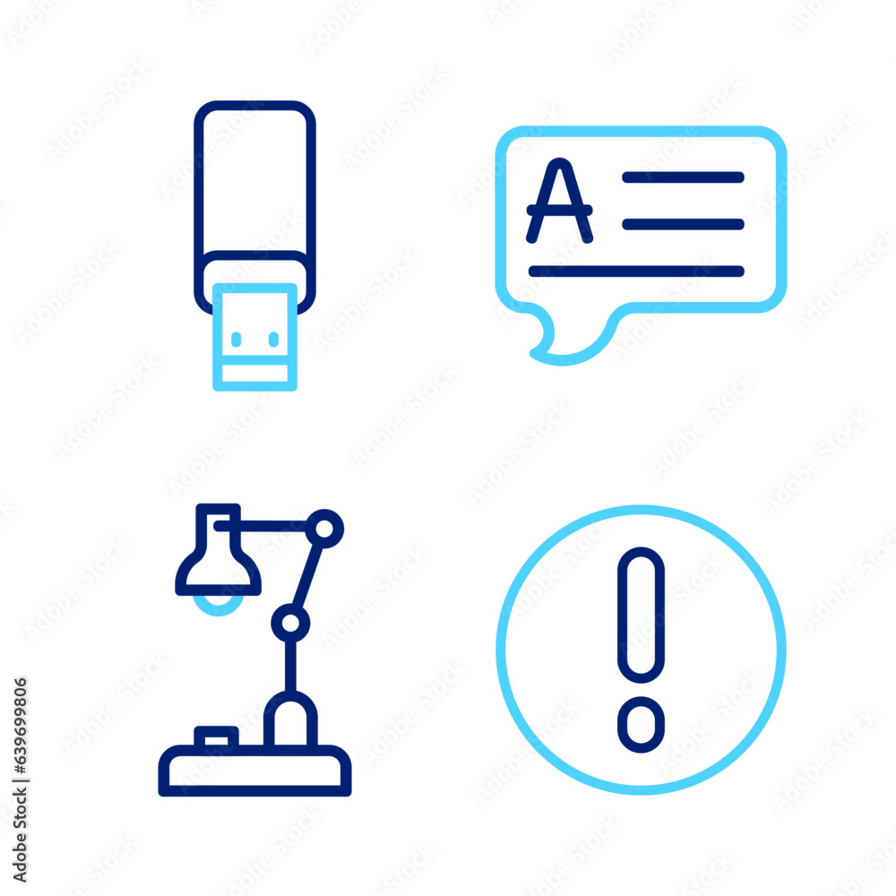 Set line Speech bubble and Exclamation, Table lamp, bubbles with Answer and USB flash drive icon. Vector Set line Speech bubble and Exclamation, Table lamp, bubbles with Answer and USB flash drive icon. Vector