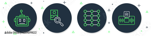 Set line Photo retouching, Neural network, Artificial intelligence robot and AI icon. Vector