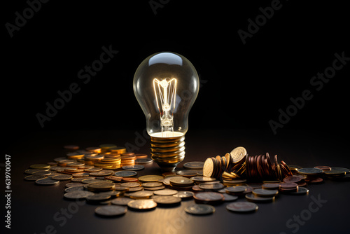 an electric light bulb is lit, and coins are depicted on a dark table. The concept of saving electricity and money costs. AI generated photo