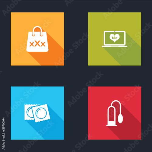 Set Shopping bag with triple X, Laptop 18 plus content, Condoms package and Penis pump icon. Vector