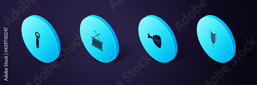 Set Isometric Wheat, Chicken leg, Musical drum and sticks and Bottle opener icon. Vector
