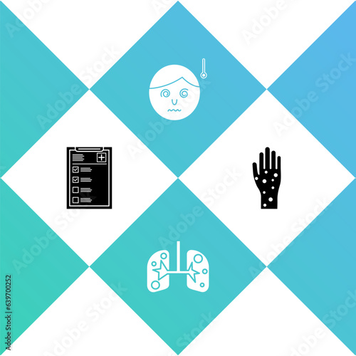 Set Clinical record, Lungs, High human body temperature and Hand with psoriasis eczema icon. Vector