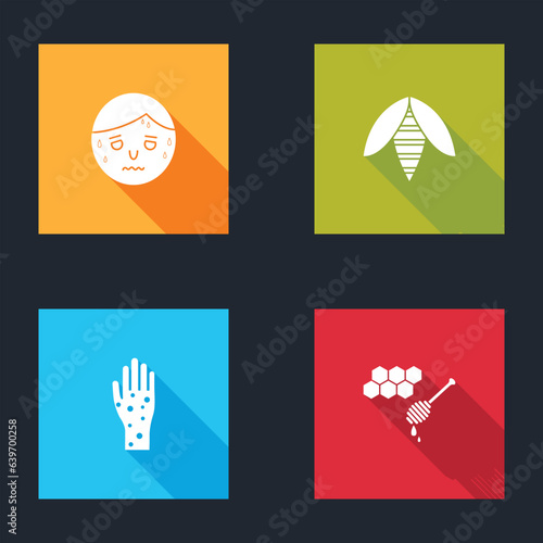 Set Man with excessive sweating, Bee, Hand psoriasis or eczema and Honeycomb honey dipper icon. Vector