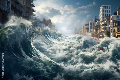 Tsunami, flood, wave covers the city and destroys. Generated AI.