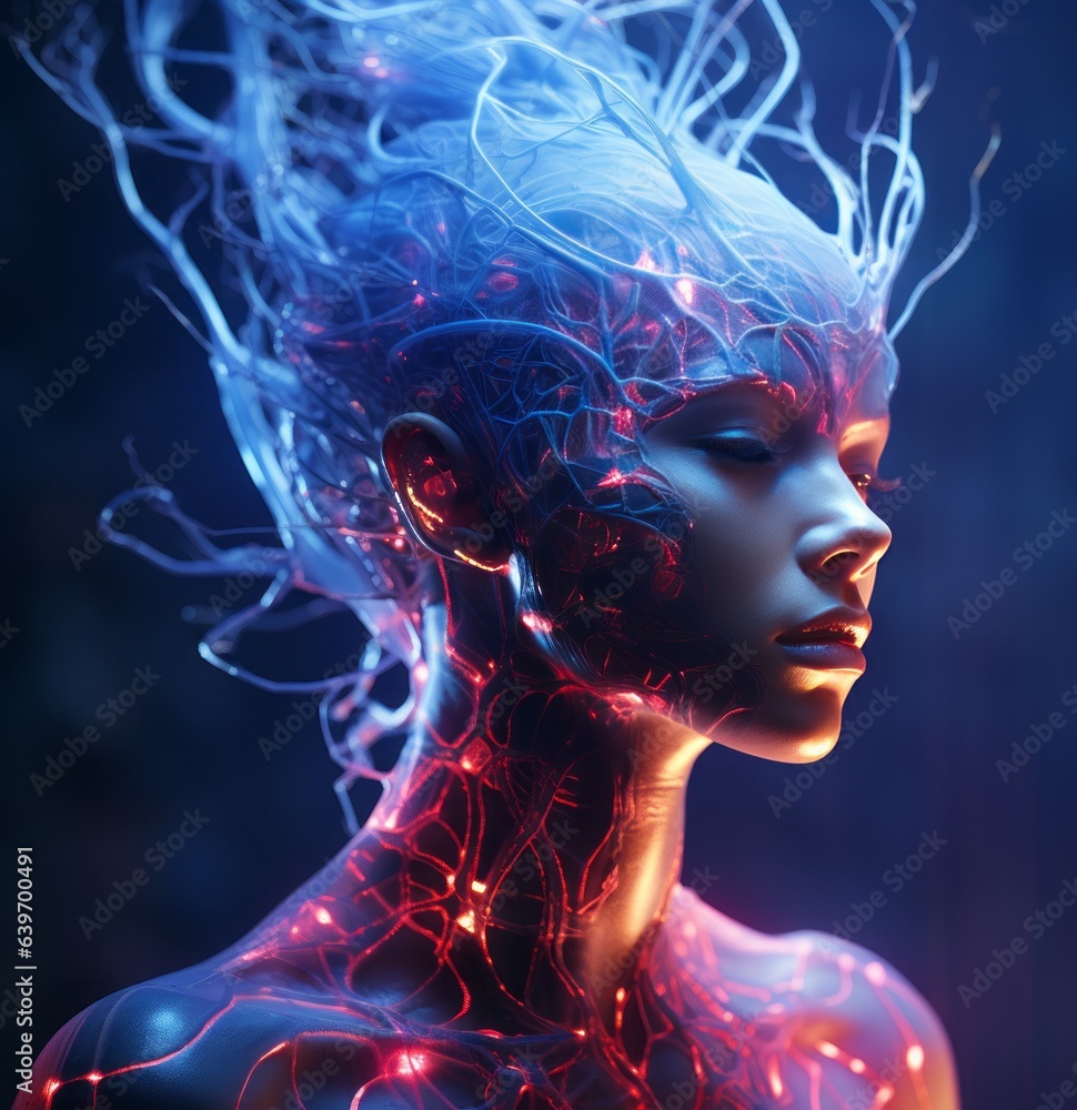 Woman head with glowing neurons in brain on dark blue background. Female head with a glowing nervous network.  AI generated double exposure of a woman with glowing energy in her face and head.
