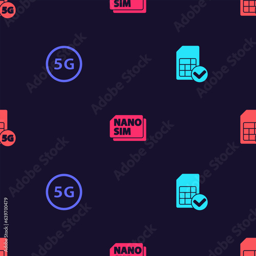 Set Sim card, 5G network, Nano Card and on seamless pattern. Vector