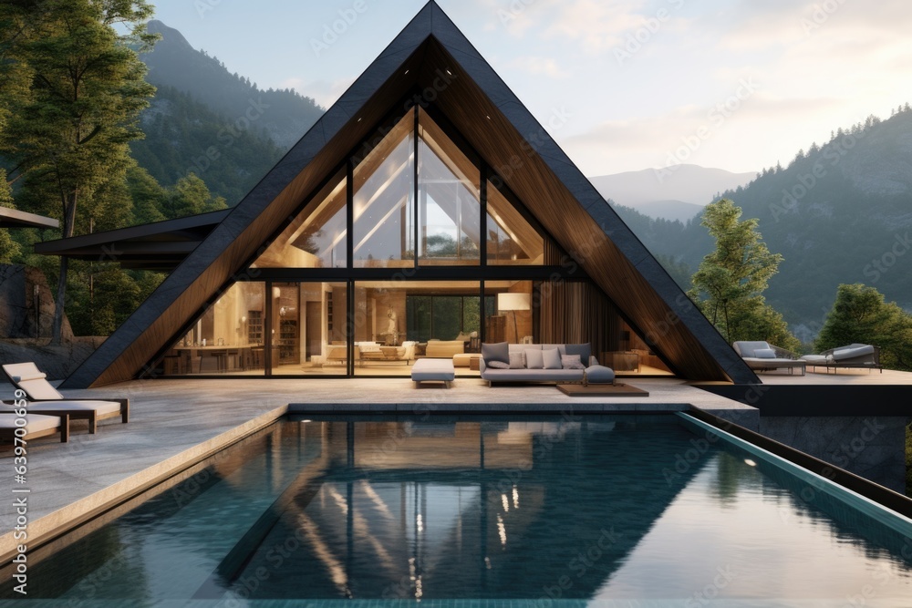 Modern minimalist concrete and glass house with pitched roof in mountains. Luxury villa with terrace and pool