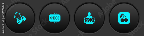 Set Game dice, Money prize in casino, Winner holding ticket and Slot machine with cherry icon. Vector