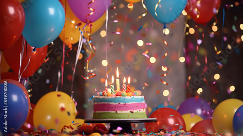 Celebration of a birthday with cake and balloons