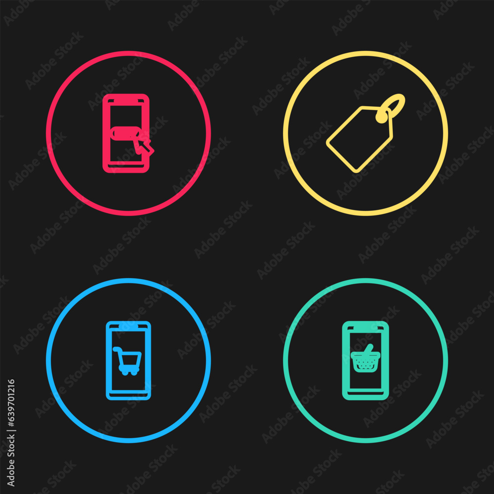 Set line Mobile and shopping cart, basket, Label template price tag and icon. Vector Set line Mobile and shopping cart, basket, Label template price tag and icon. Vector