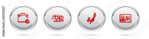 Set line Car battery with recycle, Solar energy panel and, Signature and Identification badge. Silver circle button. Vector