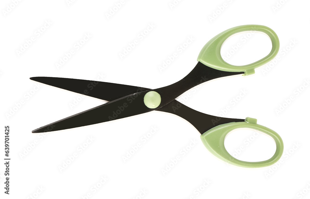 Scissors with green handle isolated on white background Scissors with green handle isolated on white background