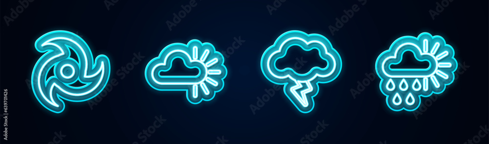 Set line Tornado, Cloudy, Storm and with rain and sun. Glowing neon icon. Vector Set line Tornado, Cloudy, Storm and with rain and sun. Glowing neon icon. Vector