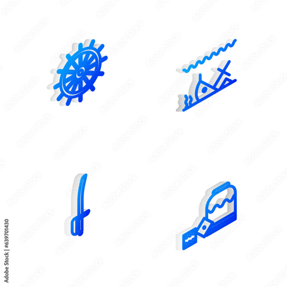 Set Isometric line Sunken ship, Ship steering wheel, Pirate sword and game dice icon. Vector Set Isometric line Sunken ship, Ship steering wheel, Pirate sword and game dice icon. Vector