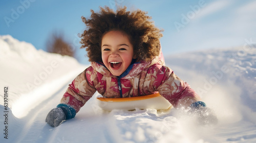 Black mixed race toddler child laughing and having fun on a snow sled, skid, sledge, toboggan and sliding down hill of snow, winter snowy Christmas season