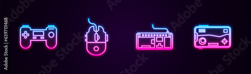 Set line Gamepad, Computer mouse gaming, keyboard and Mobile and playing game. Glowing neon icon. Vector