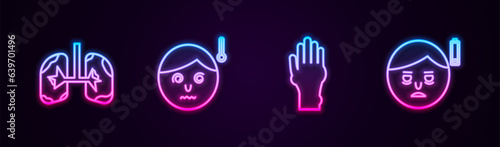 Set line Lungs, High human body temperature, Hand with psoriasis or eczema and Fatigue. Glowing neon icon. Vector