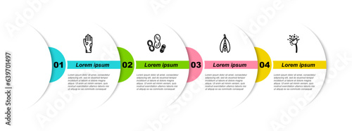 Set line Hand with psoriasis or eczema, Peanut, Kidney beans and Flower producing pollen. Business infographic template. Vector
