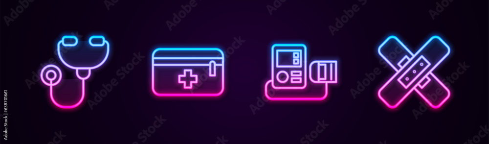 Set line Stethoscope, First aid kit, Blood pressure and Crossed bandage plaster. Glowing neon icon. Vector Set line Stethoscope, First aid kit, Blood pressure and Crossed bandage plaster. Glowing neon icon. Vector