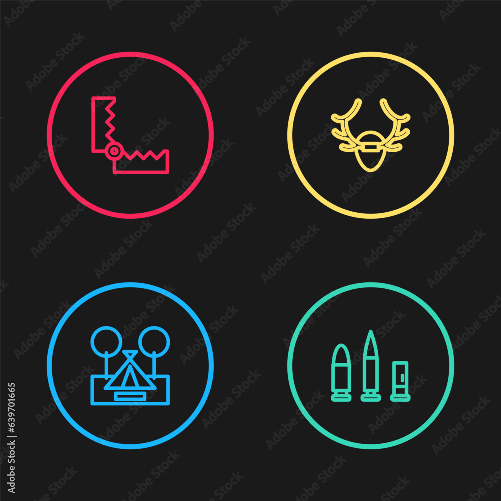 Set line Tourist tent, Bullet and cartridge, Deer antlers on shield and Trap hunting icon. Vector Set line Tourist tent, Bullet and cartridge, Deer antlers on shield and Trap hunting icon. Vector