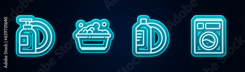 Set line Dishwashing liquid bottle and plate, Plastic basin with soap suds, and Washer. Glowing neon icon. Vector