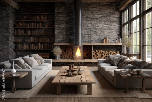 Rustic interior design of modern living room with grey sofas