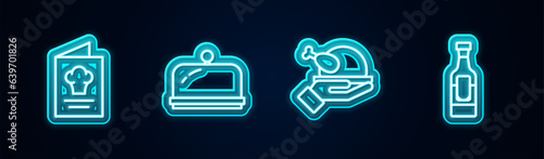 Set line Cookbook, Covered with tray, Roasted turkey or chicken and Wine bottle. Glowing neon icon. Vector