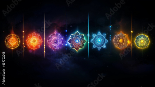 Artistic rendering of seven chakras symbols, bright, vivid colors, illustrated style, floating against a cosmic backdrop, ethereal, celestial, vibrant, high - resolution, against a black background