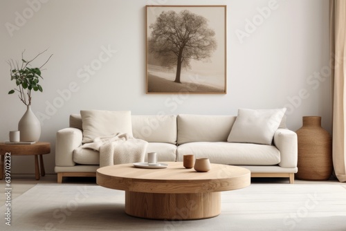 Scandinavian minimalist home interior design of modern living room. Round wooden coffee table near beige sofa © Interior Design