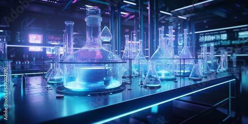 Futuristic lab environment with holographic DNA strands and molecules, high contrast, monochromatic, neon lighting effects, blurred background, glossy surfaces reflecting ambient light