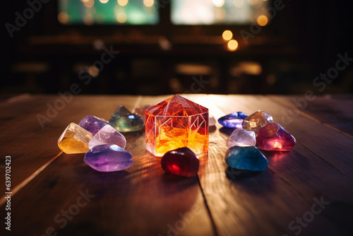 a healing crystal grid, variety of colored gemstones arranged in a sacred geometry pattern, on a wooden table, warm ambient lighting, lens blur effect, magical, mysterious