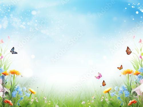 Illustration of a dreamy springtime meadow with a blue sky, white clouds, a green foreground, colorful orange, pink, and blue flowers, and colorful butterflies.