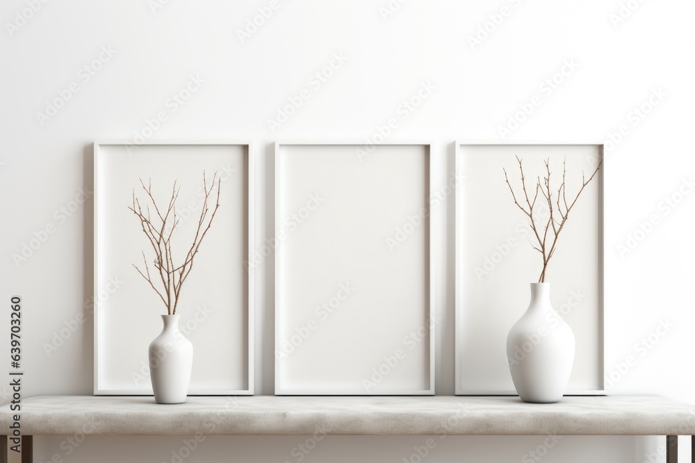 Square mock up poster frame on white wall above set of different vases with twig. Minimalist interior design of modern living room