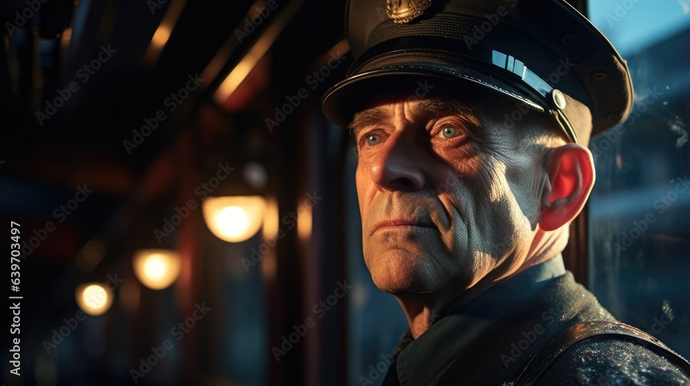 Profile of a watchful train conductor. Profile of a watchful train conductor.