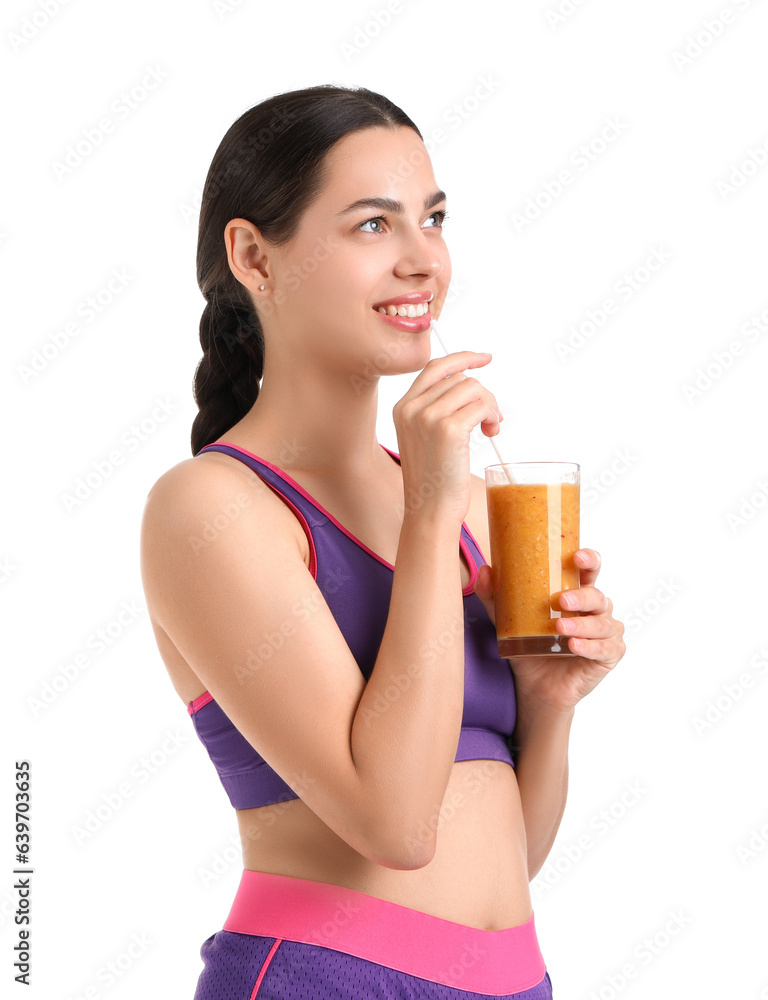 Sporty young woman with healthy smoothie on white background Sporty young woman with healthy smoothie on white background