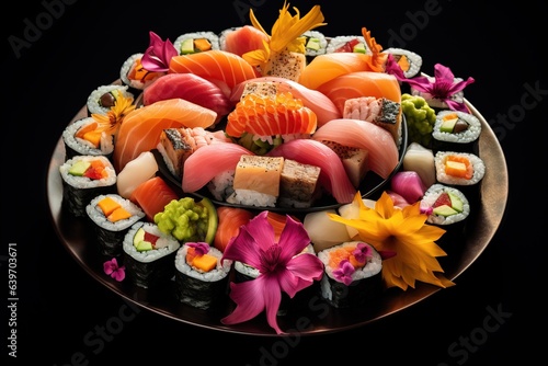 Large set of sushi on round plate on black background