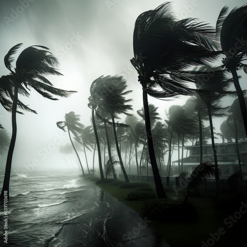 Hurricane winds are bending palm trees and flooding streets. Concept of a hurricane storm in a residential area. 