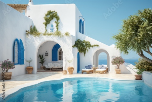 Traditional mediterranean house with white stucco wall with swimming pool. Summer vacation background