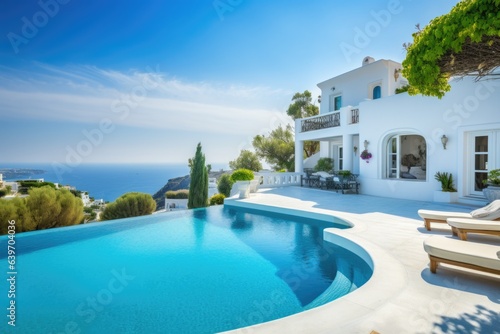 Traditional mediterranean white house with pool on hill with stunning sea view. Summer vacation background © Interior Design