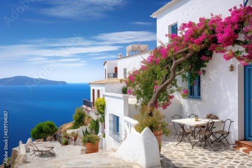 Traditional mediterranean white house with terrace on hill with stunning view. Summer vacation background